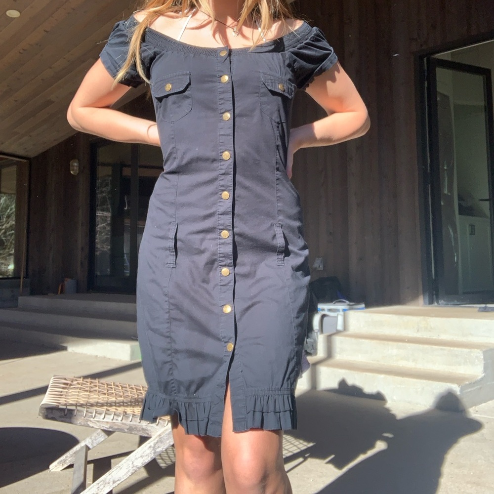 Vintage 90s snap button up off the shoulder shirt dress
